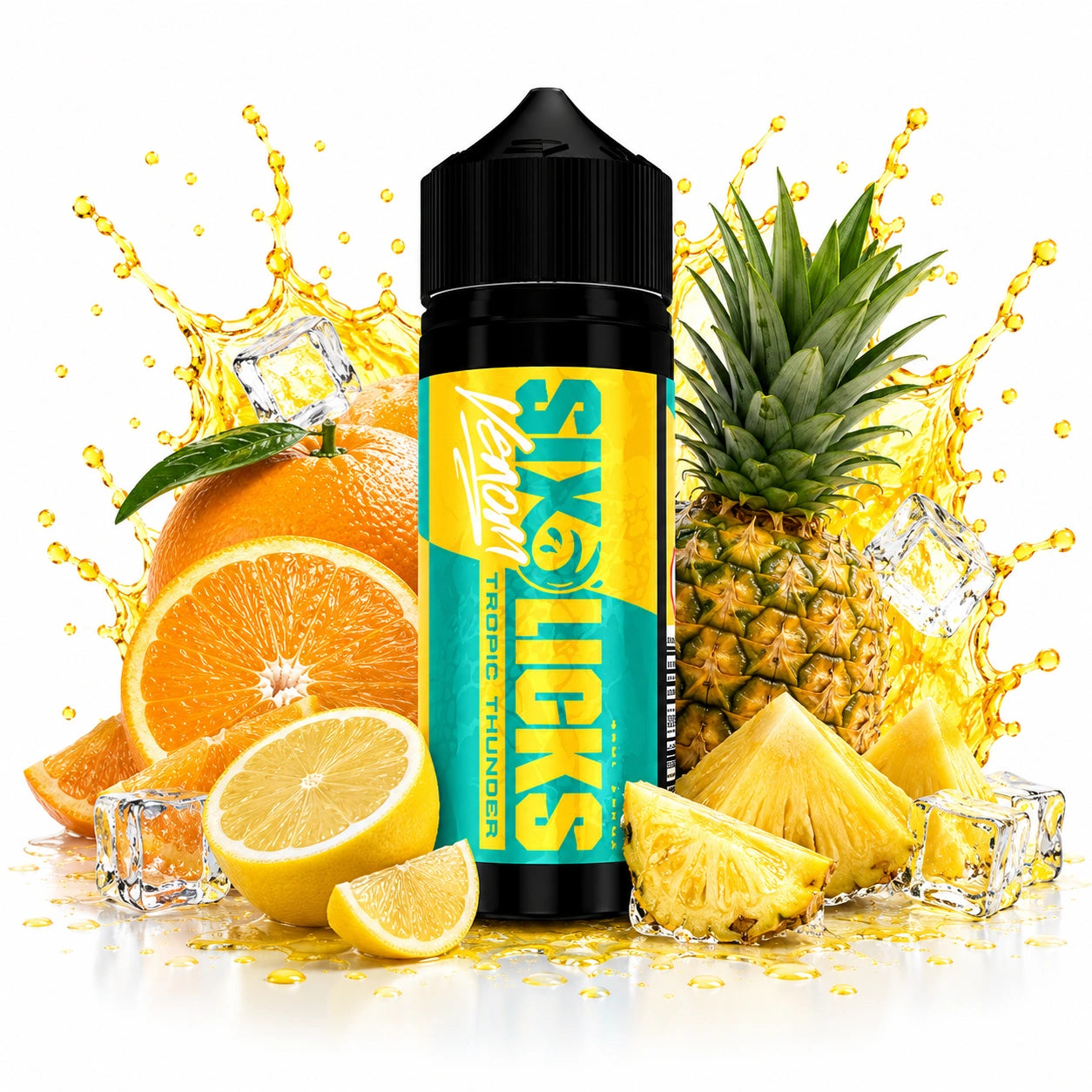 Six Licks Venom Tropic Thunder 120ml Longfill Aroma bottle surrounded by lemon, orange and pineapple with ice cubes

