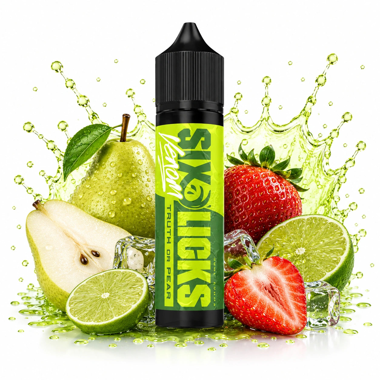 Six Licks Venom Truth Or Pear 60ml Nic Salt Longfill bottle with pear, strawberry and lime with ice cubes

