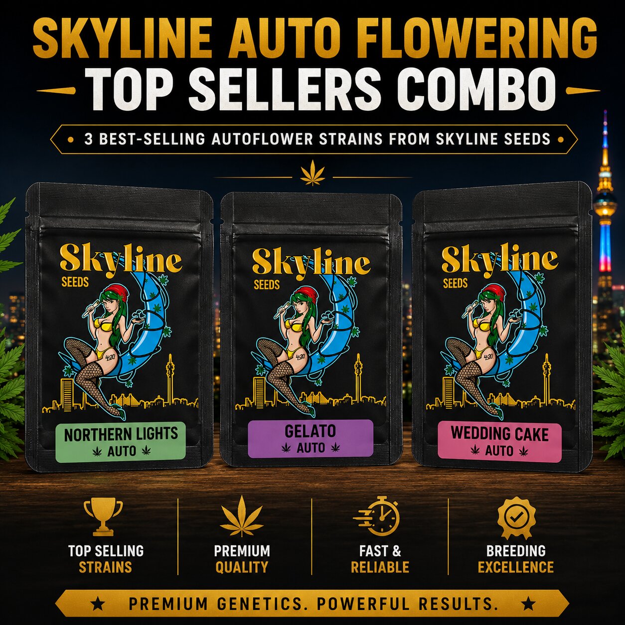 Skyline Autoflower Top Sellers Combo – Northern Lights Auto, Gelato Auto & Wedding Cake Auto Feminized Seeds Bundle

