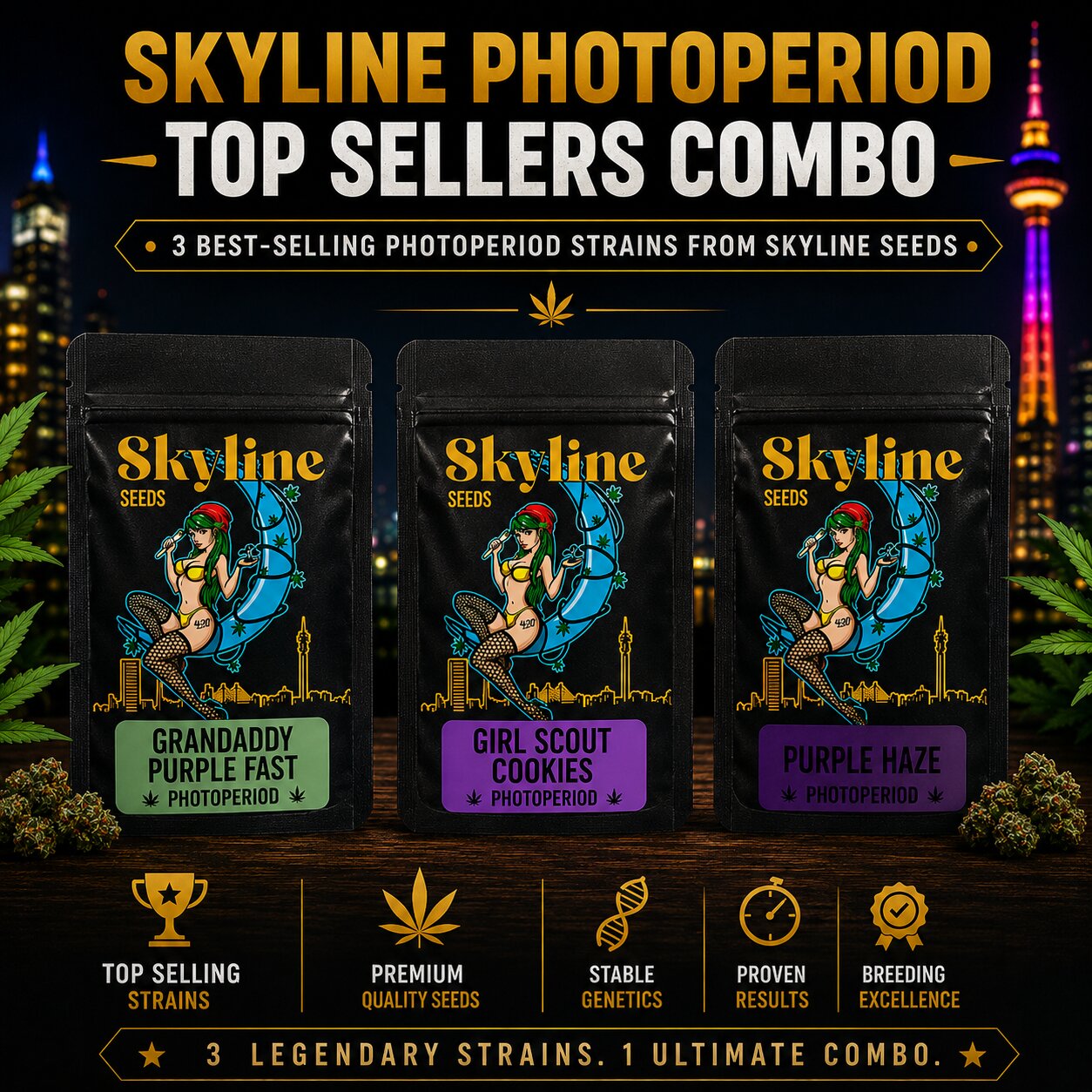 Skyline Photoperiod Top Sellers Combo – Grandaddy Purple Fast, Girl Scout Cookies & Purple Haze Feminized Seeds Bundle

