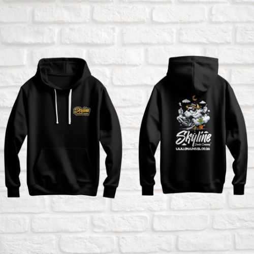 Black hoodie with 'Skyline' branding on a white brick wall background