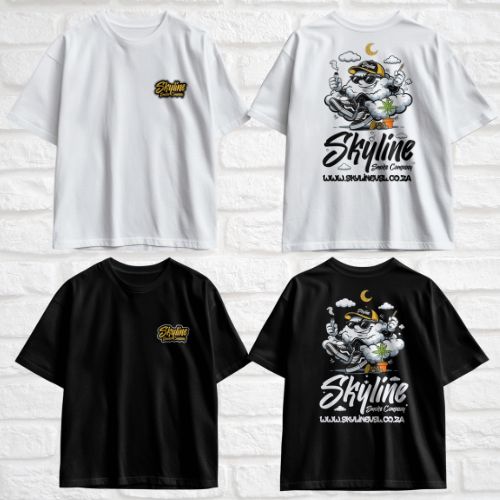 White and black t-shirts with 'Skyline' branding and graphics on a white brick wall background.