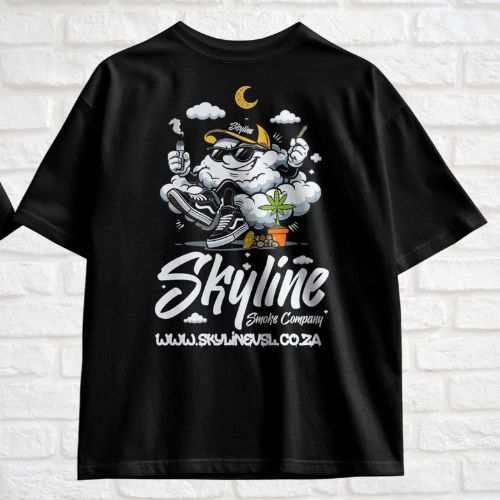 Black t-shirt with a graphic design and 'Skyline Smoke Company' text on a white brick wall background