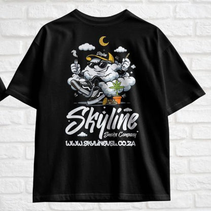 Black t-shirt with a graphic design and 'Skyline Smoke Company' text on a white brick wall background