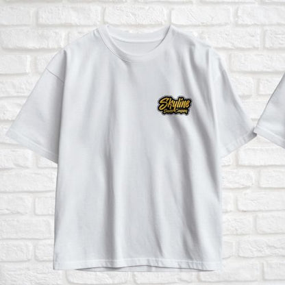 White t-shirt with a logo on a white brick wall background