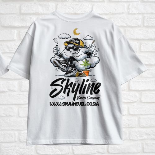 White t-shirt with a graphic design featuring a cloud character and 'Skyline Smoke Company' text on a white brick background.