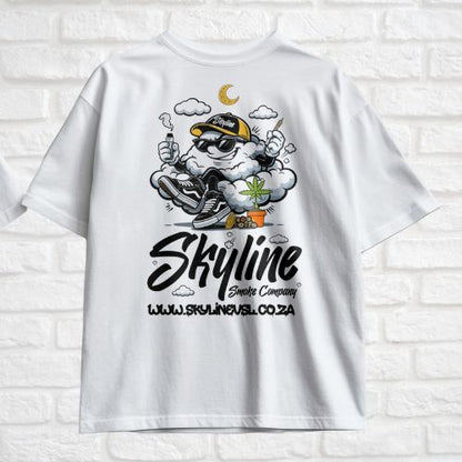 White t-shirt with a graphic design featuring a cloud character and 'Skyline Smoke Company' text on a white brick background.