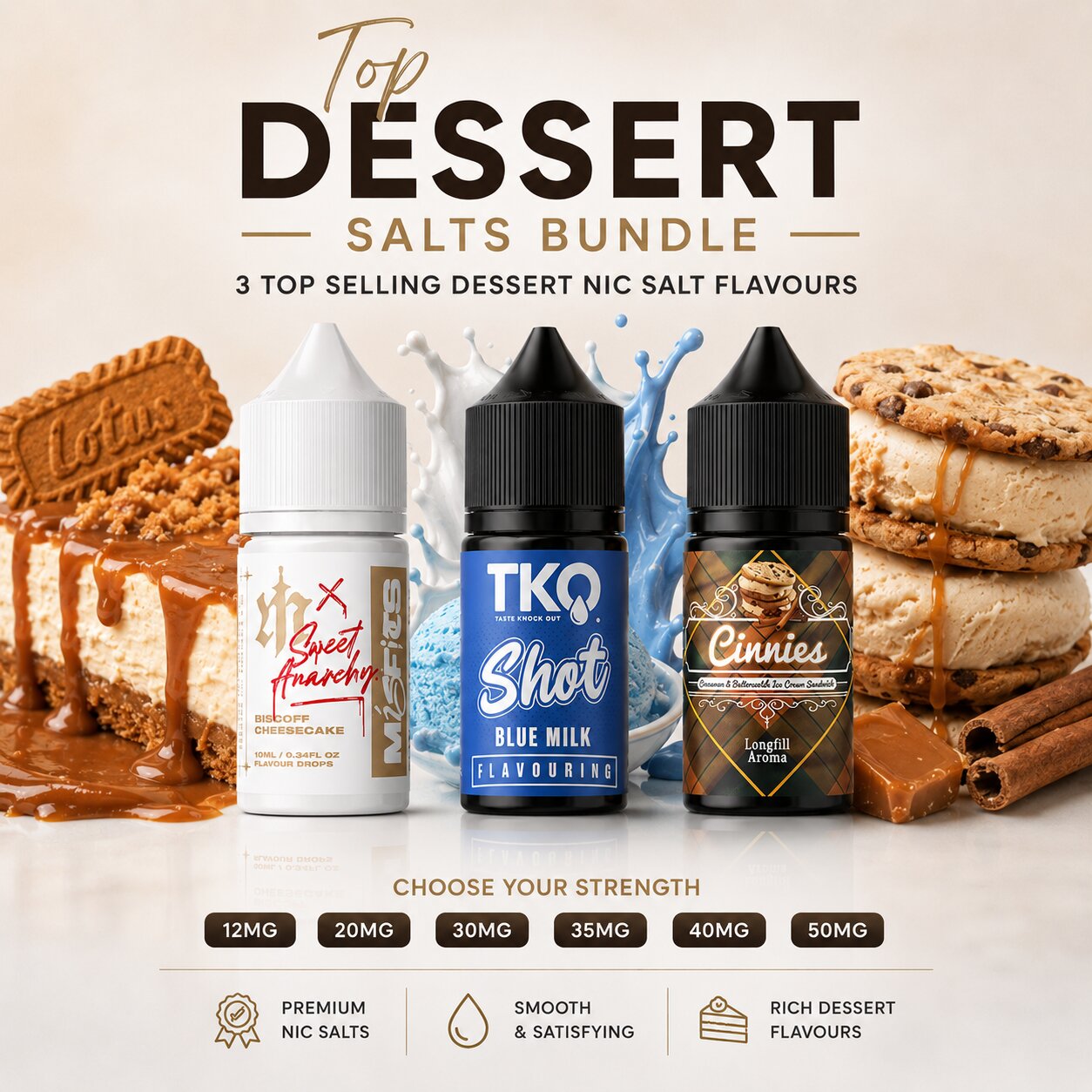 Top Dessert Nic Salt Bundle – Cloud Flavour Labs Cinnies, TKO Blue Milk & Misfits Biscoff Cheesecake Longfill

