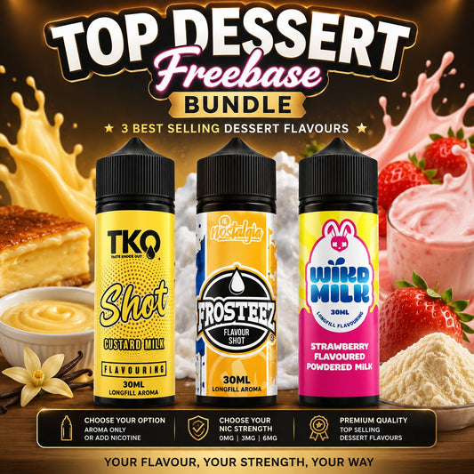 Top Dessert Freebase Bundle – TKO Custard Milk, Nostalgia Frosteez & Wikd Milk Strawberry Longfill

