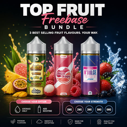 Top Fruit Freebase Bundle – Nostalgia Arcade Token, G DROPS Litchi Raspberry & N'DULGE Pink-Pearl Ice Longfill

