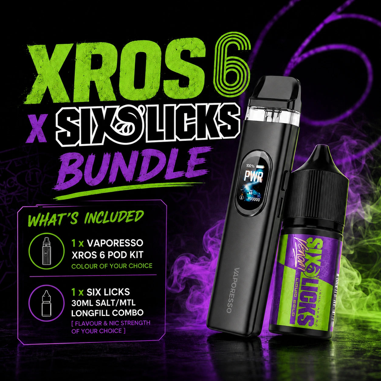 Vaporesso XROS 6 Pod Kit and Six Licks 30ml Nic Salt Longfill Bundle – vape starter kit South Africa

