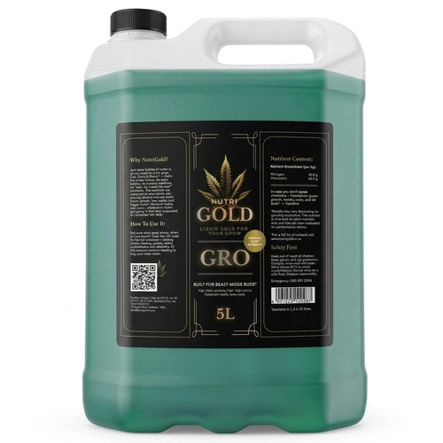 NutriGold Gro (Grow) plant nutrients in a 5L bottle